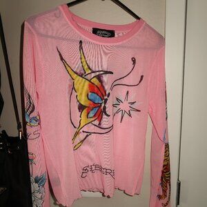 Y2K Ed Hardy Women's Pink Mesh Shirt